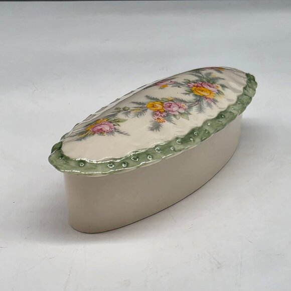 Floral Ceramic Trinket Box With Green Scalloped Edge & Pastel Design For Small J - Picture 7 of 7